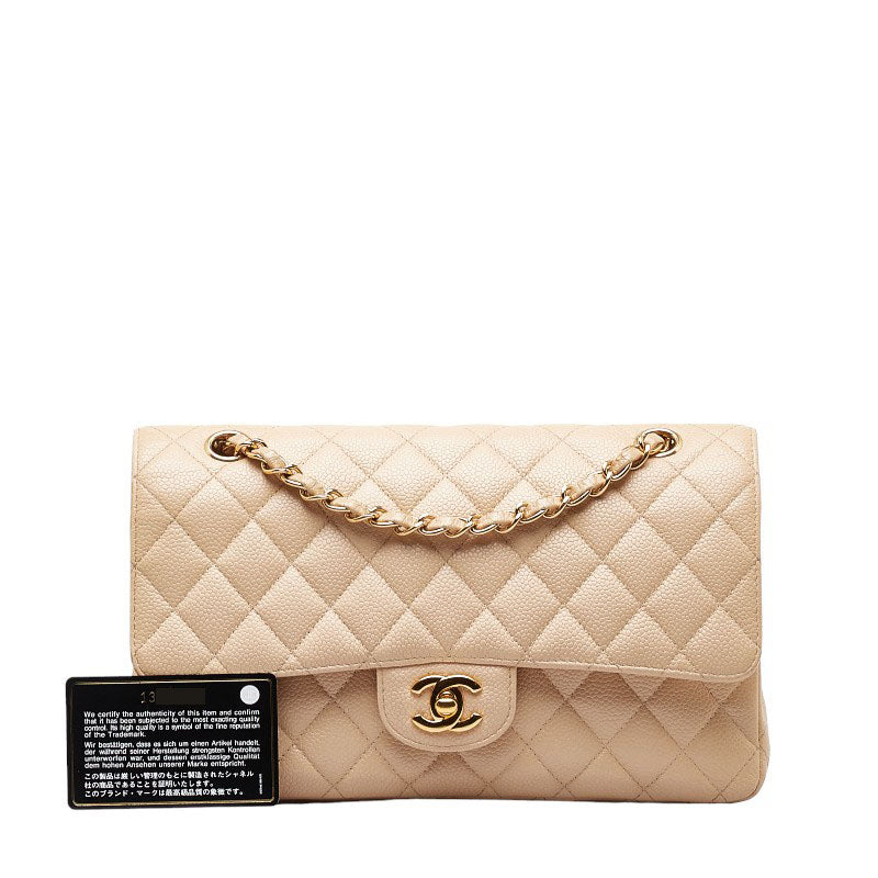 Chanel Matlasse 25 Double Flap Coco Mark Chain Shoulder Bag Beige Caviar Skin
