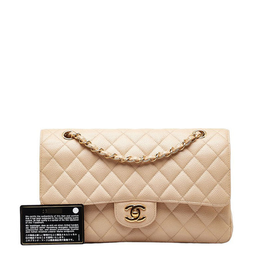 Chanel Matlasse 25 Double Flap Coco Mark Chain Shoulder Bag Beige Caviar Skin
