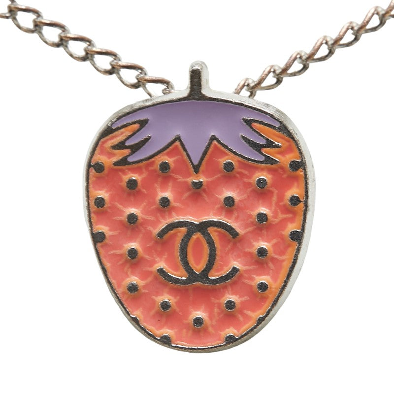 Chanel Coco Mark Strawberry Motif Necklace Silver Pink Metal