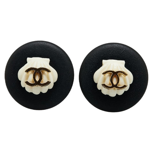 Chanel Coco Mark Earrings Black White Gold Plastic