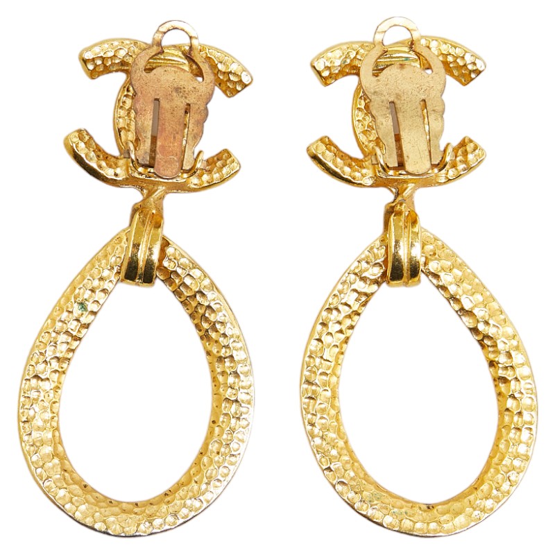 Chanel Coco Mark Swing Teardrop Motif Clip-on Earrings Gold Plated