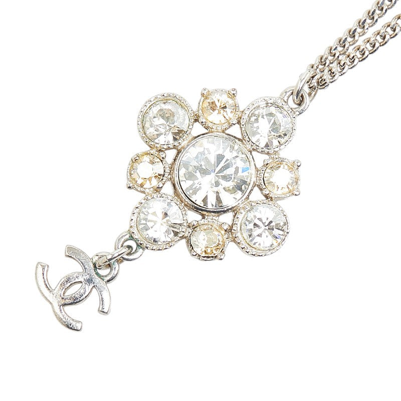 Chanel Flower Rhinestone Necklace Silver Metal