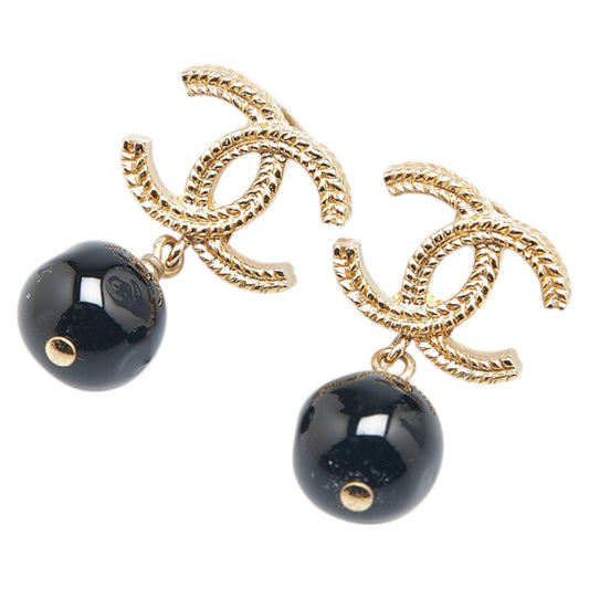 Chanel Coco Mark Ball Earrings Gold Black