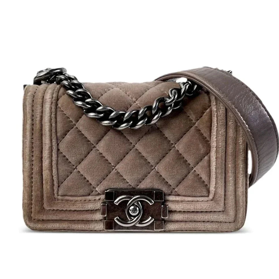 Luxury Chanel Boy Mini Brown Velvet Ruthenium