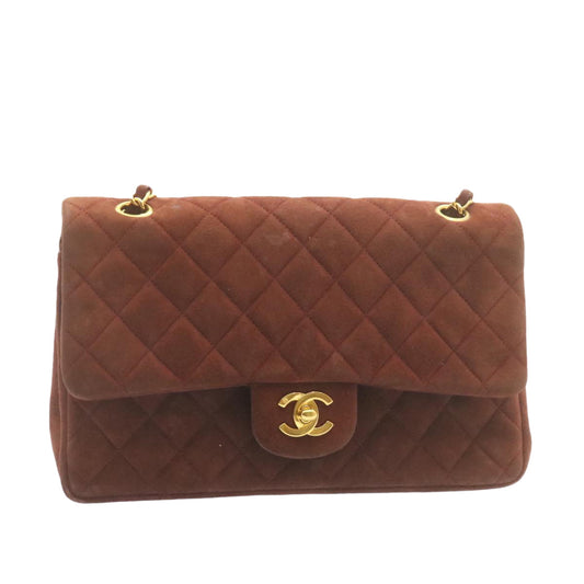 CHANEL Matelasse 25 Double Flap Chain Suede Shoulder Bag Brown CC  22346A