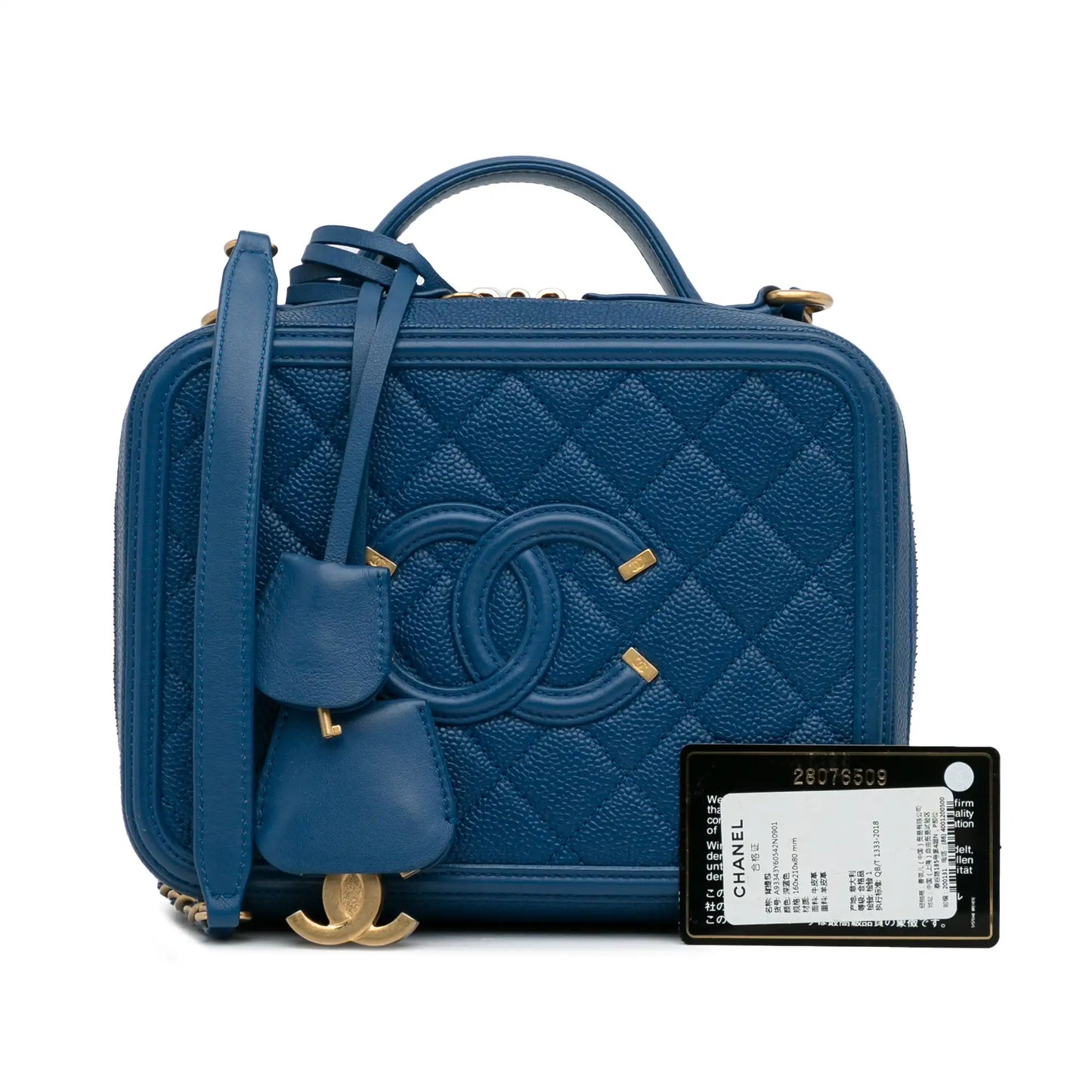 Luxury Chanel CC Filigree Vanity Case Blue Caviar Gold