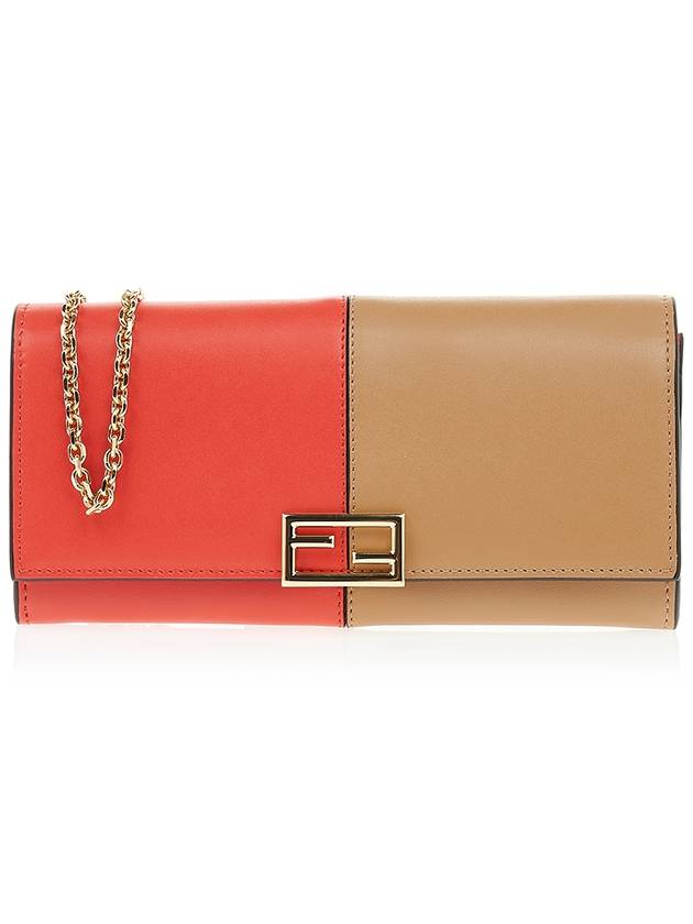 Luxury Fendi FF Continental Chain Leather Long Wallet Brown Red