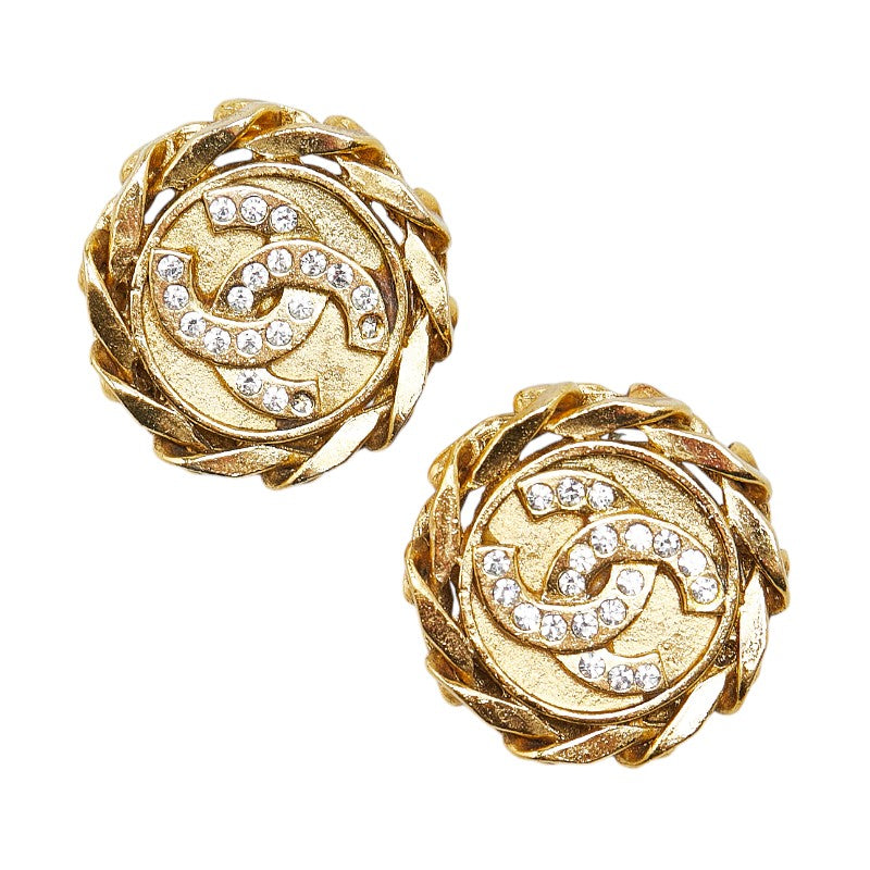 Chanel Coco Mark Round Rhinestone Clip-On Earrings Gold Plated