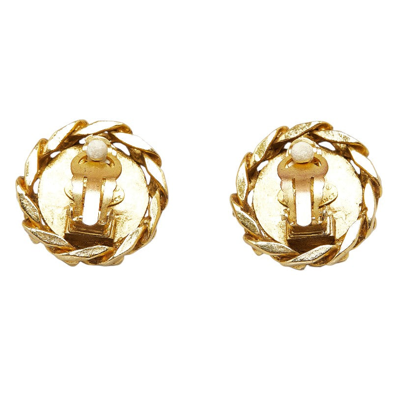 Chanel Coco Mark Round Rhinestone Clip-On Earrings Gold Plated
