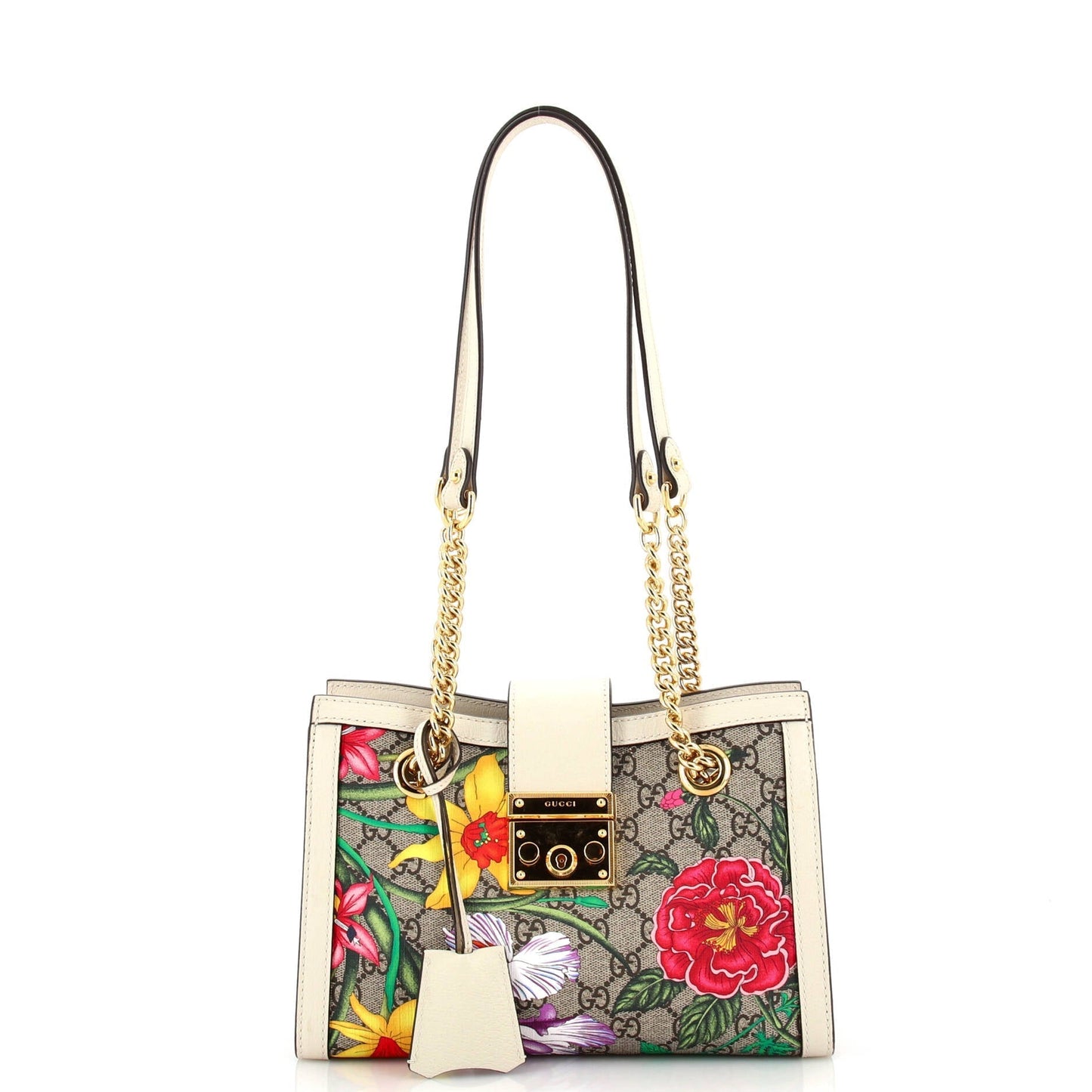 Luxury Gucci Trending 2025 Padlock Chain Tote Flora GG Coated Canvas Small