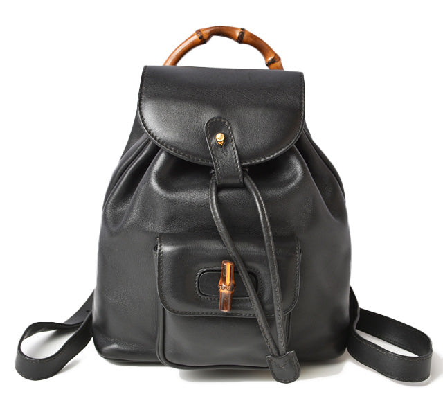 Luxury Gucci Trending 2025 Leather Mini Backpack Bamboo Black Vintage