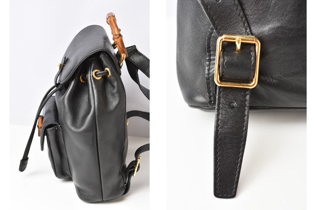 Luxury Gucci Trending 2025 Leather Mini Backpack Bamboo Black Vintage