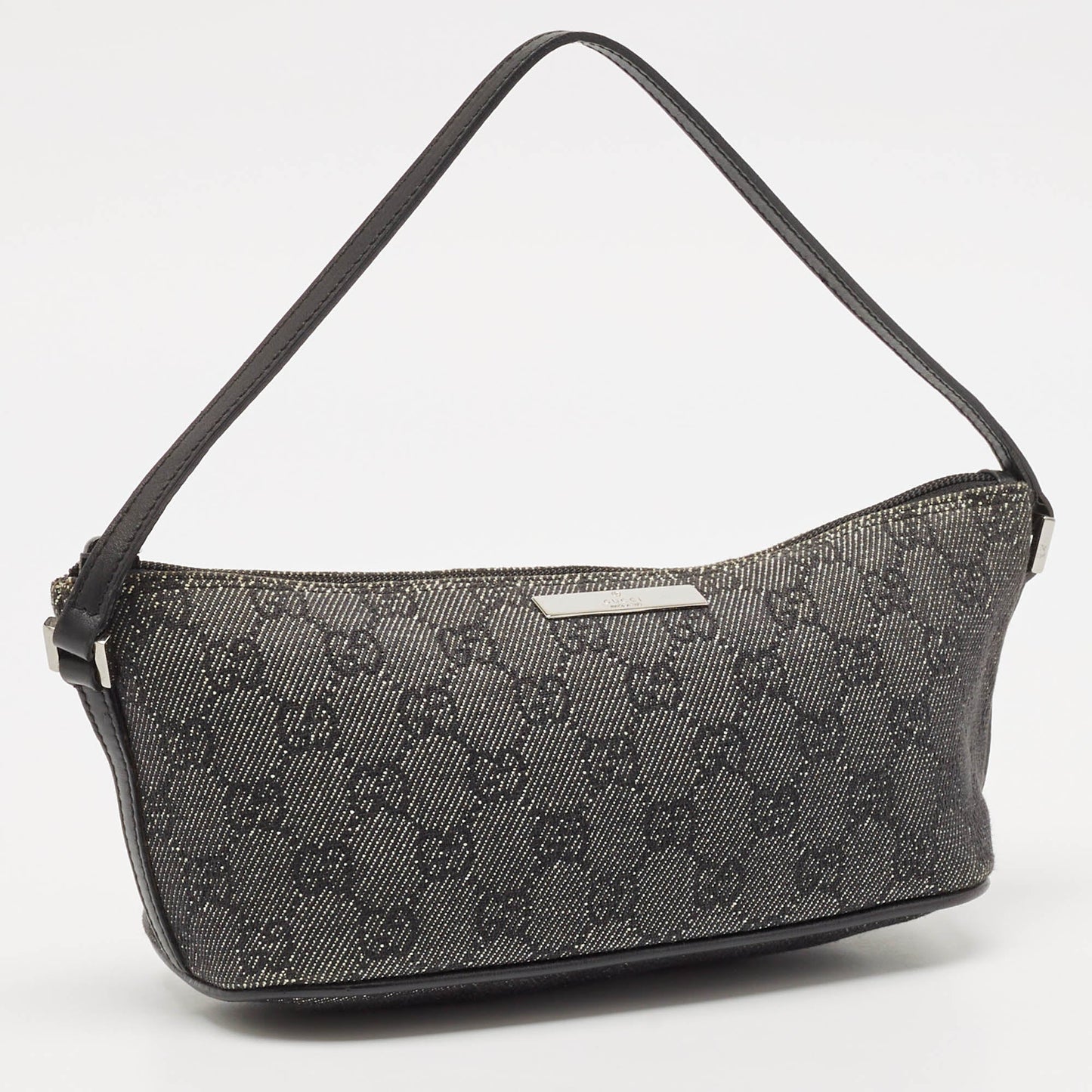 Gucci Black Gg Denim And Leather Boat Pochette Bag