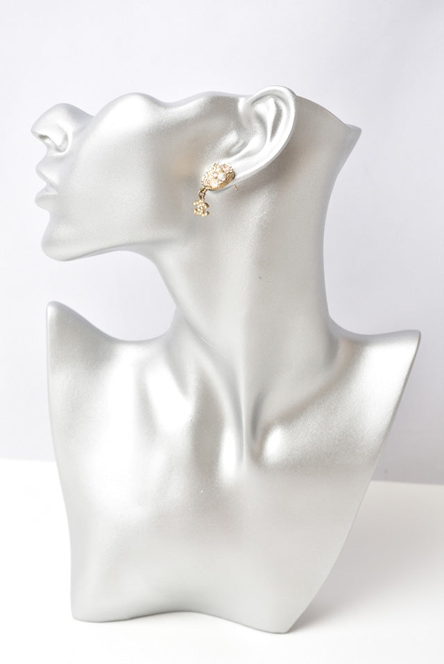 Chanel Circle Pearl Motif Logo Rhinestone Gold Earrings