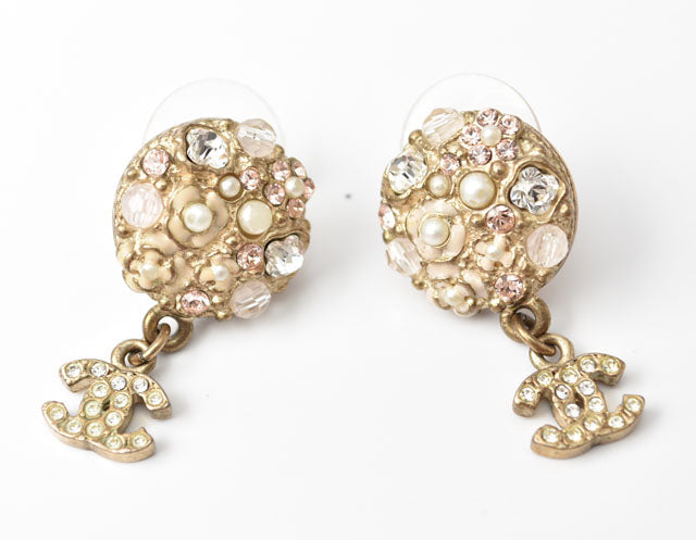 Chanel Circle Pearl Motif Logo Rhinestone Gold Earrings