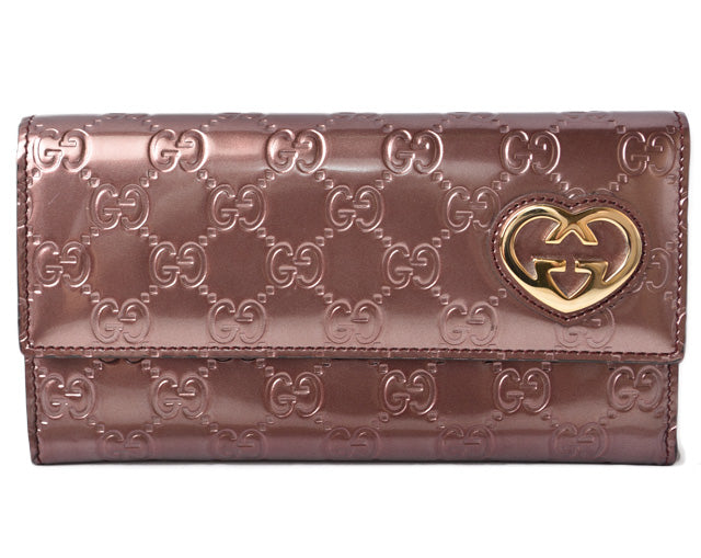 Luxury Gucci Trending 2025 GG Patent Leather Long Wallet Metallic Burgundy