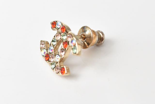 Chanel Earrings Coco Mark CC Gold Red Multicolor Rhinestone