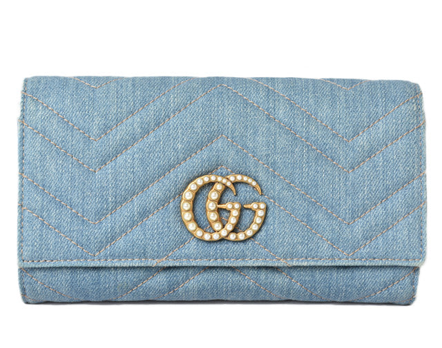 Luxury Gucci Trending 2025 Denim Continental Wallet GG Marmont Chevron Quilted Leather