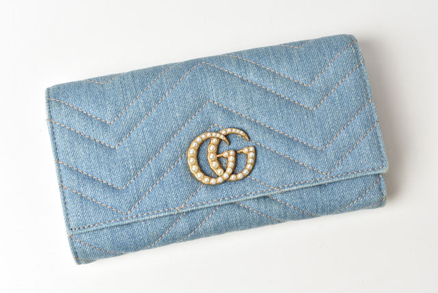 Luxury Gucci Trending 2025 Denim Continental Wallet GG Marmont Chevron Quilted Leather