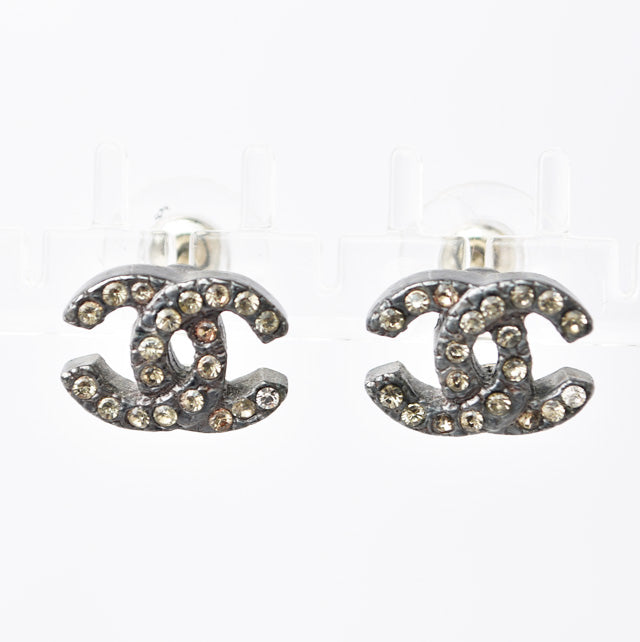 Chanel Earrings CC Gunmetal Rhinestone