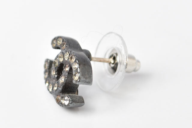 Chanel Earrings CC Gunmetal Rhinestone
