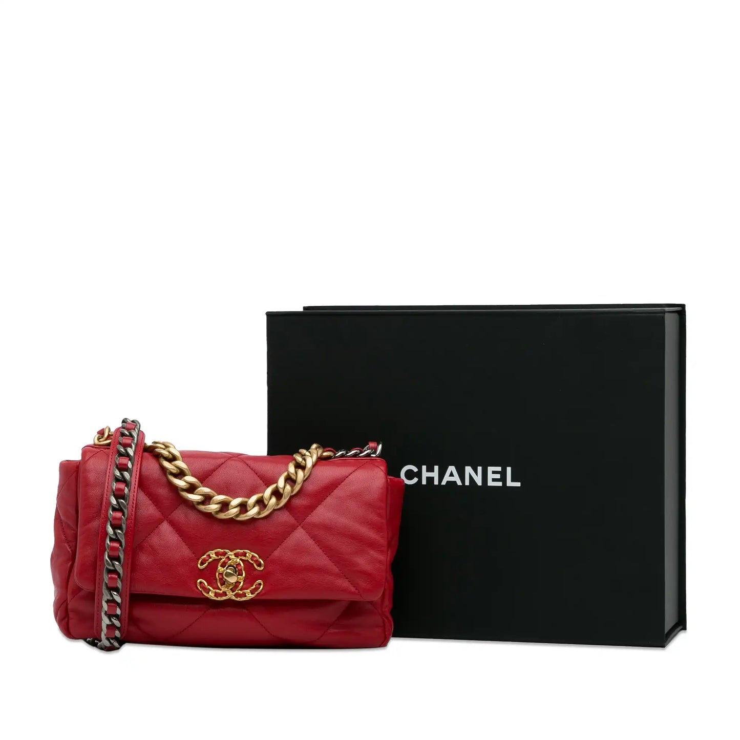 Luxury Chanel 19 Flap Bag Medium Red Lambskin Gold