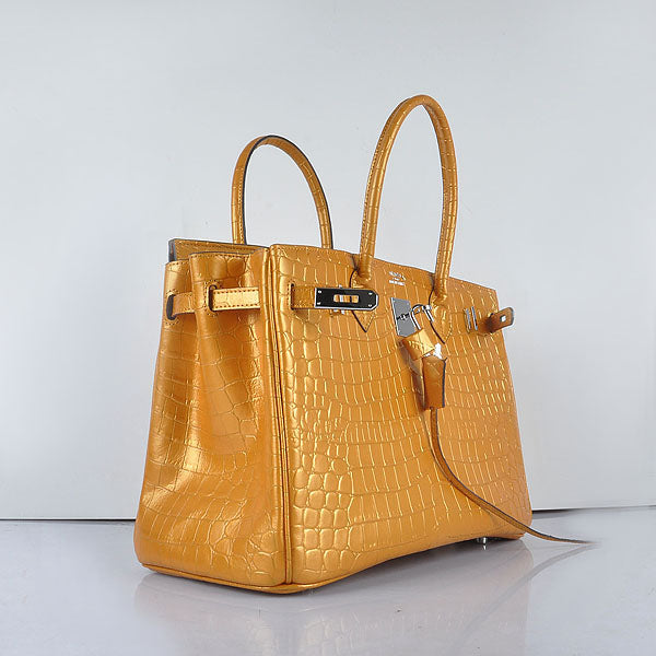 Luxury Hermes Birkin 35cm 6089 New Golden Crocodile Vein Handbags Silver