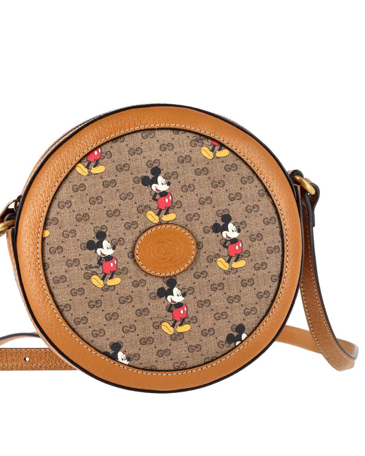 Luxury Gucci Trending 2025 x Disney Mini GG Supreme Round Shoulder Bag in Brown Canvas and Leather