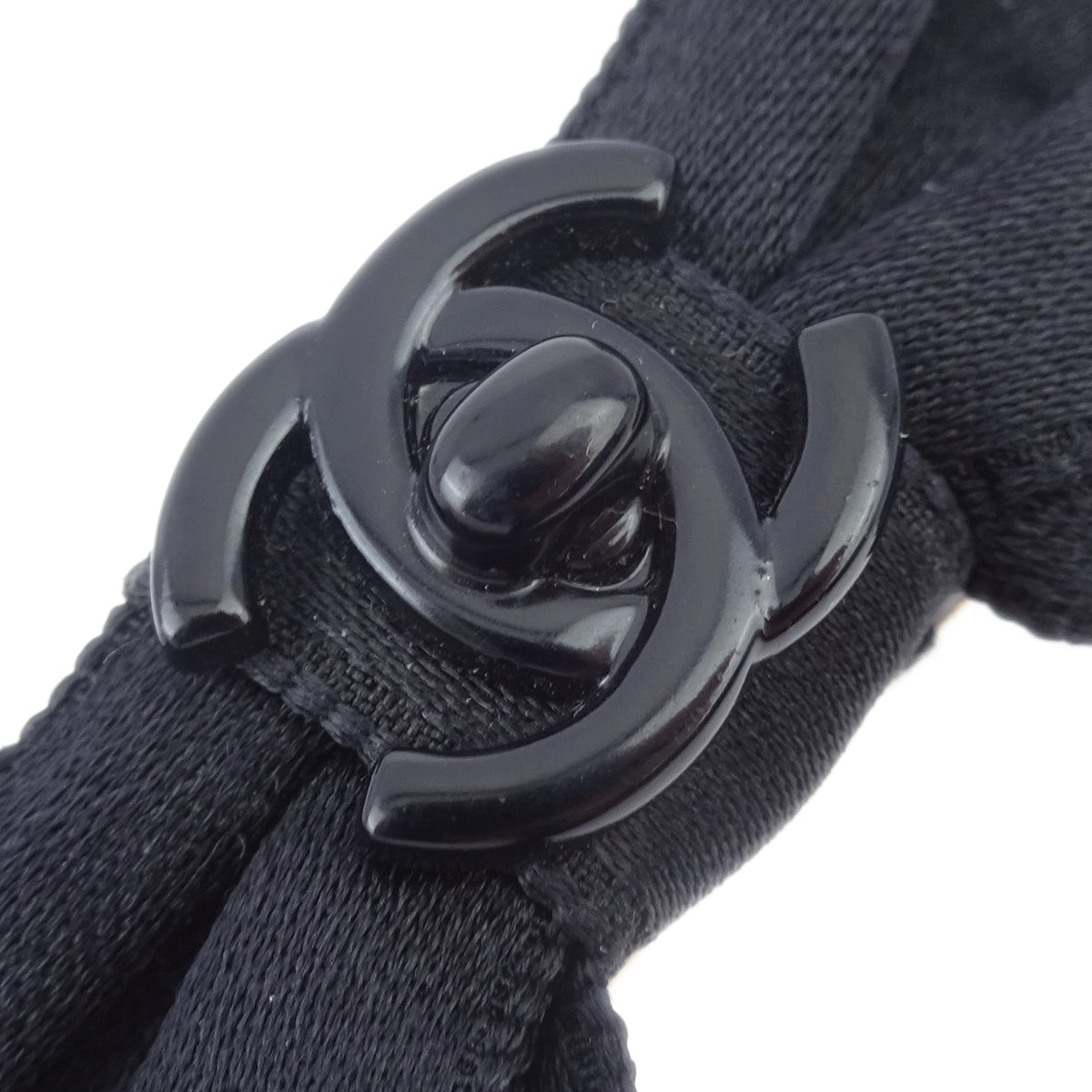 Luxury Chanel Turnlock Bow Satin Hair Barrette Black