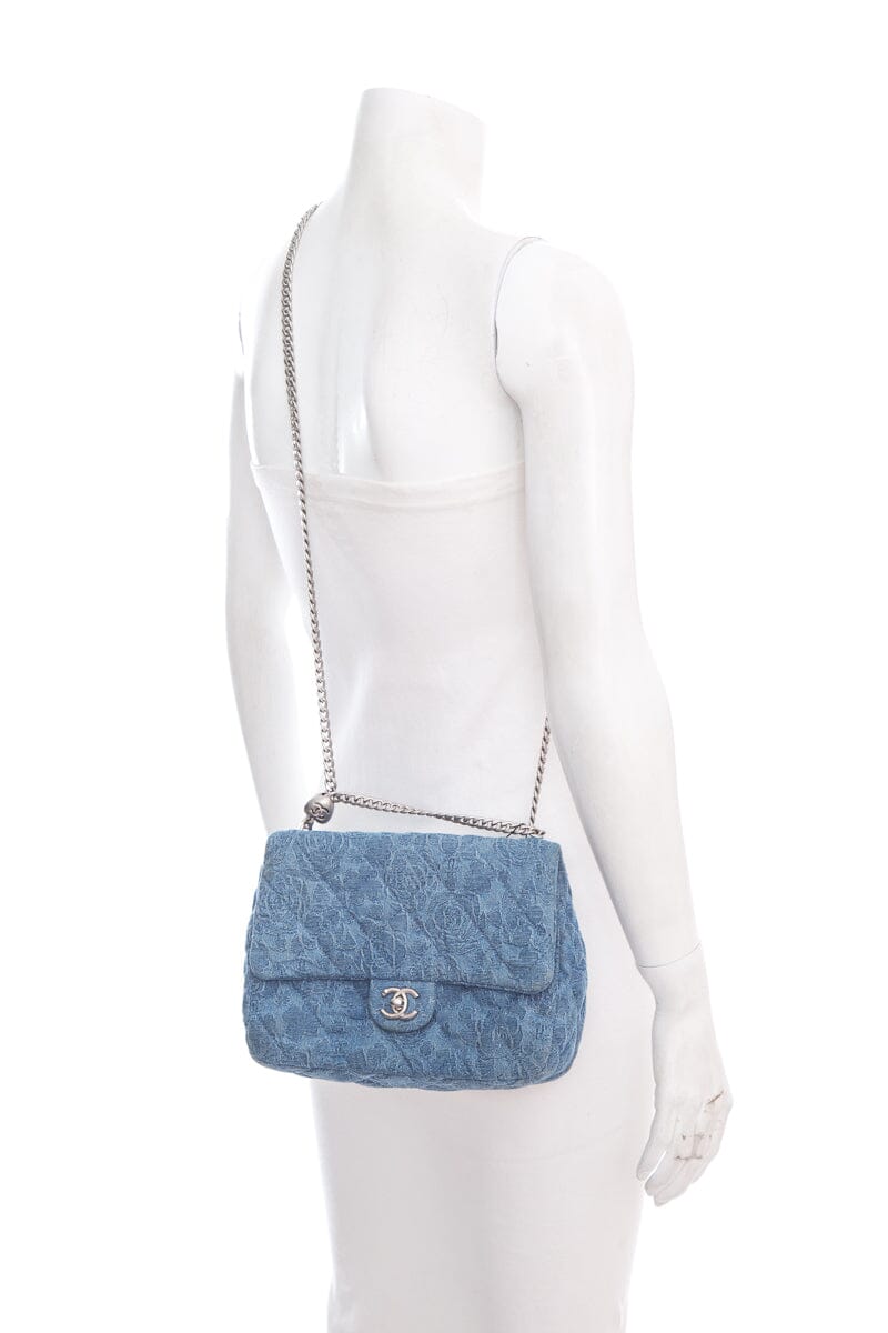 Luxury Chanel Denim Quilted Medium Camellia Sweetheart Flap Handbag