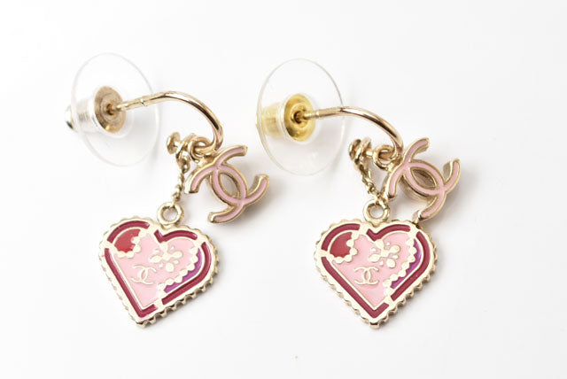 Chanel Swing Earrings CC Mark Heart Motif Pink Gold