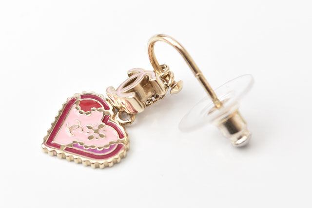 Chanel Swing Earrings CC Mark Heart Motif Pink Gold