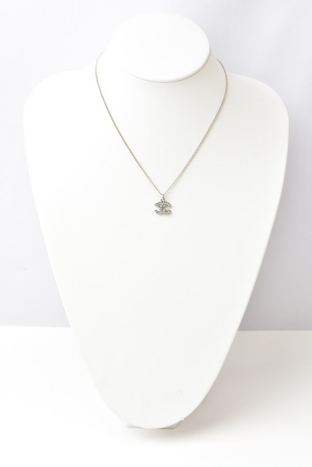 Chanel Necklace/Pendant with Rhinestones, Silver/White, 42cm