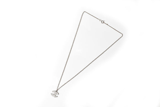 Chanel Necklace/Pendant with Rhinestones, Silver/White, 42cm