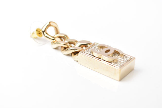 Chanel Swing Earrings CC Mark Rhinestone Champagne Gold