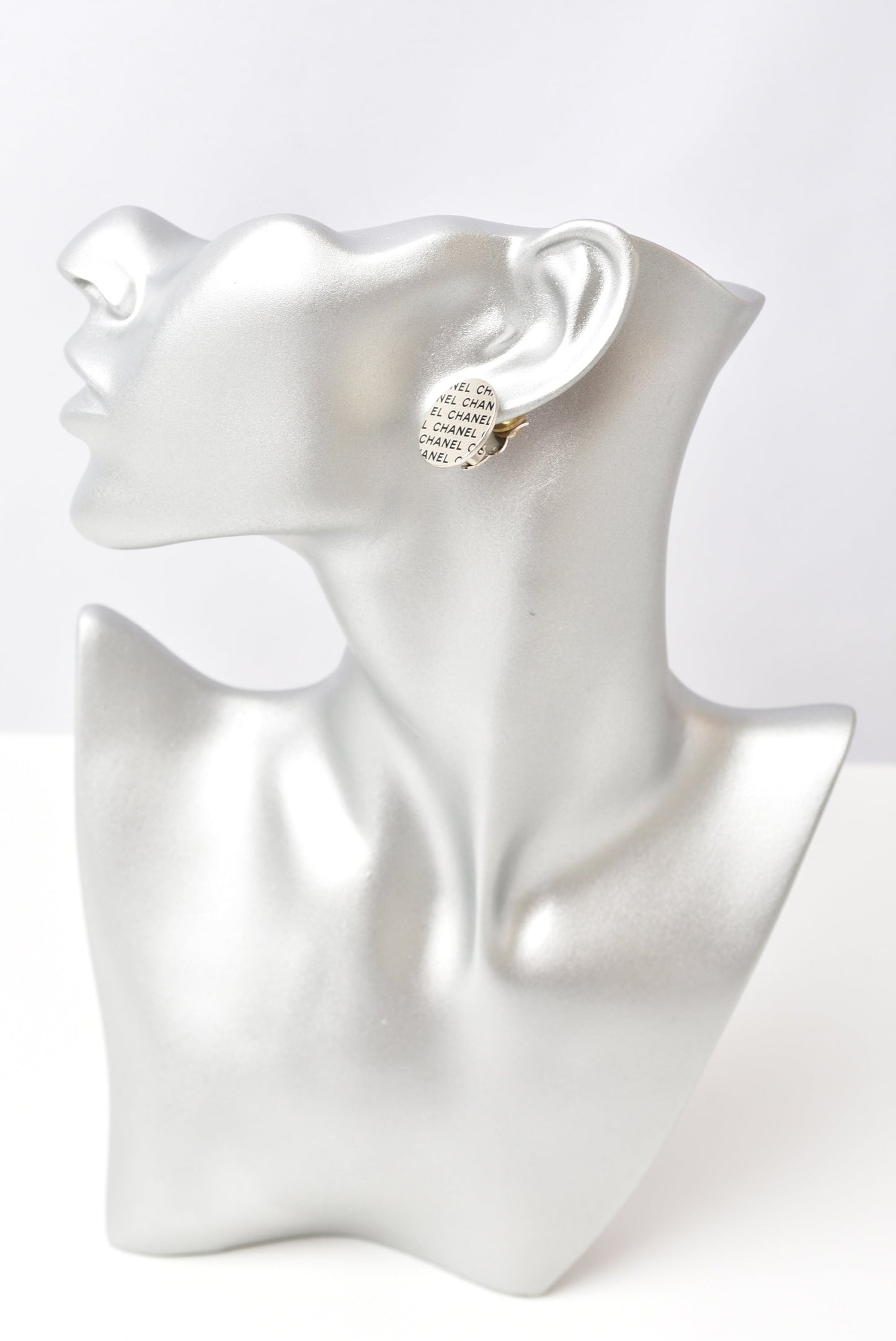 Chanel Silver Logo Print Round Plate Earrings