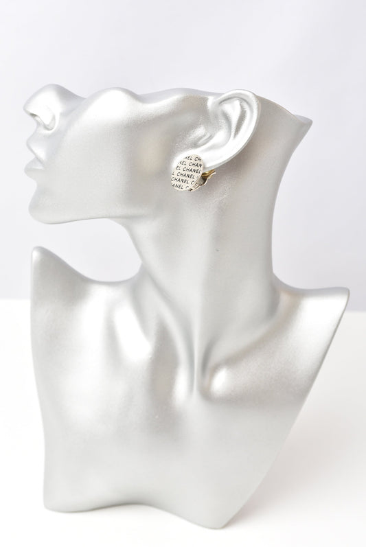 Chanel Silver Logo Print Round Plate Earrings