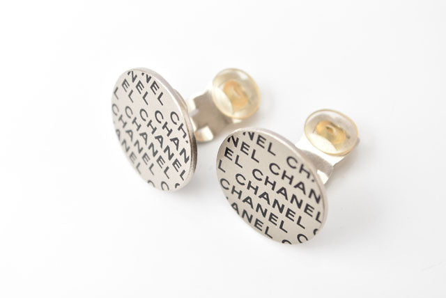 Chanel Silver Logo Print Round Plate Earrings