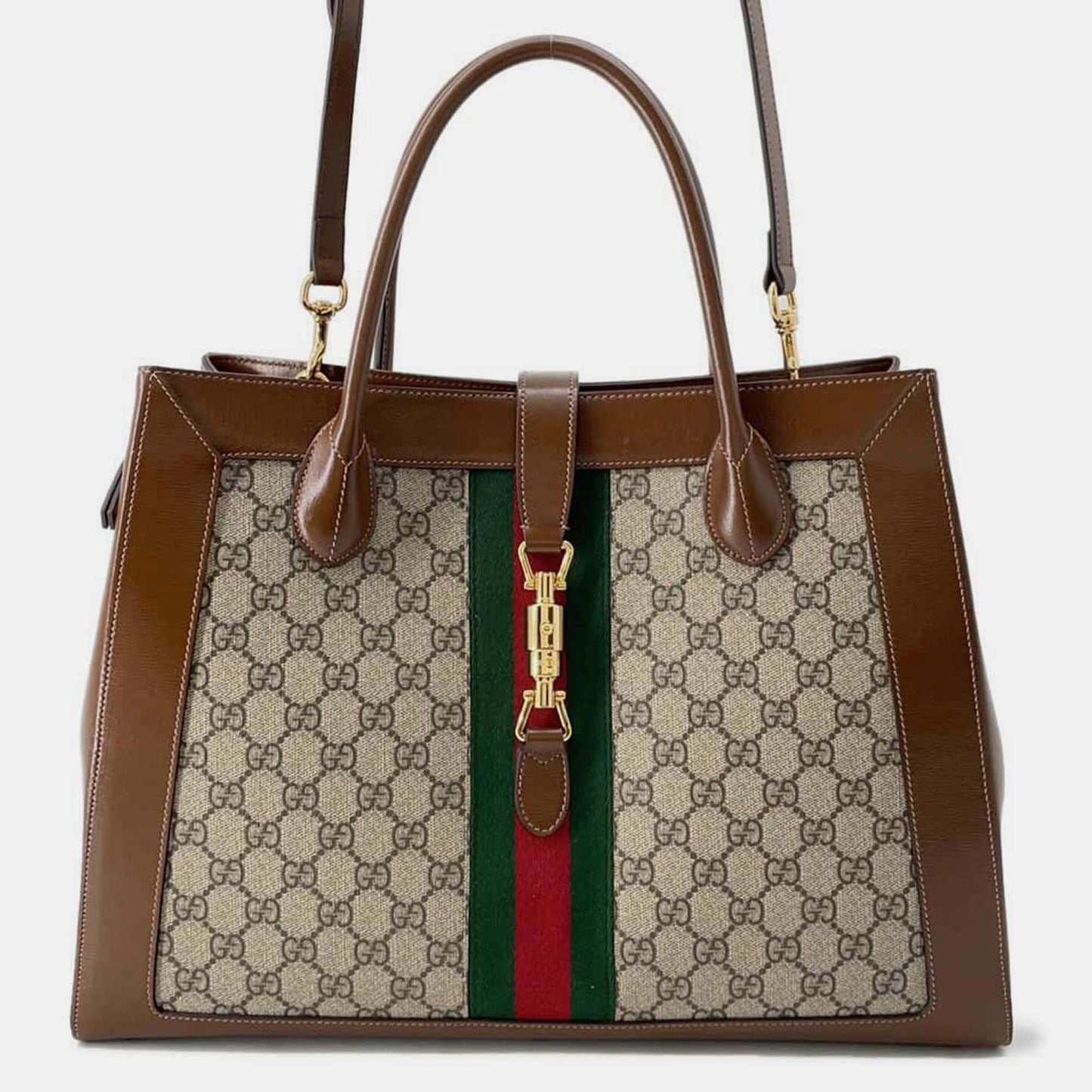 Luxury Gucci Trending 2025 Brown/Beige GG Supreme Canvas and Leather Medium Web Jackie 1961 Tote Bag
