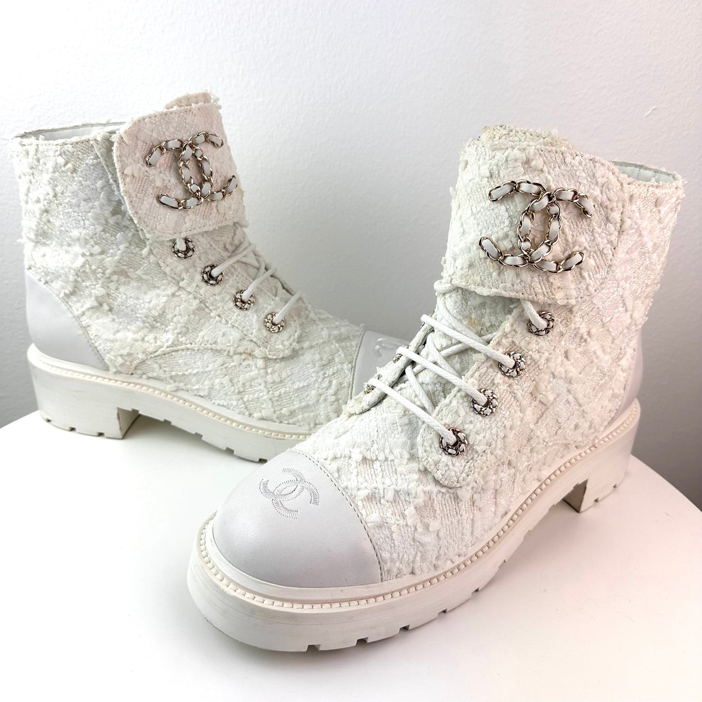 Chanel Women Lace Up Boots White Tweed