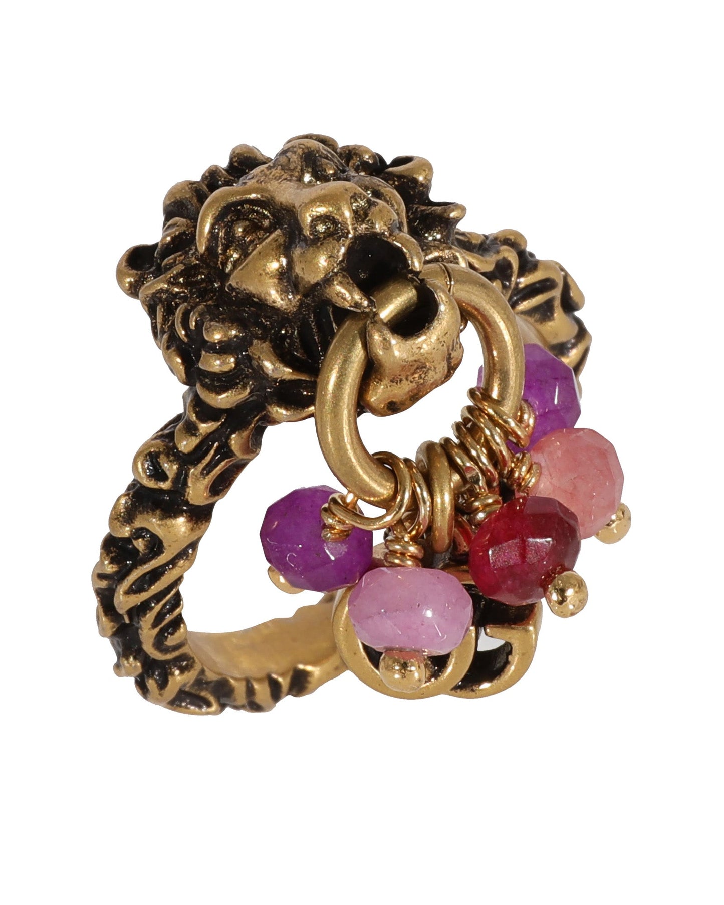 Luxury Gucci Trending 2025 Brass Tone Lion Head & Beaded Charm Ring with Marmot GG