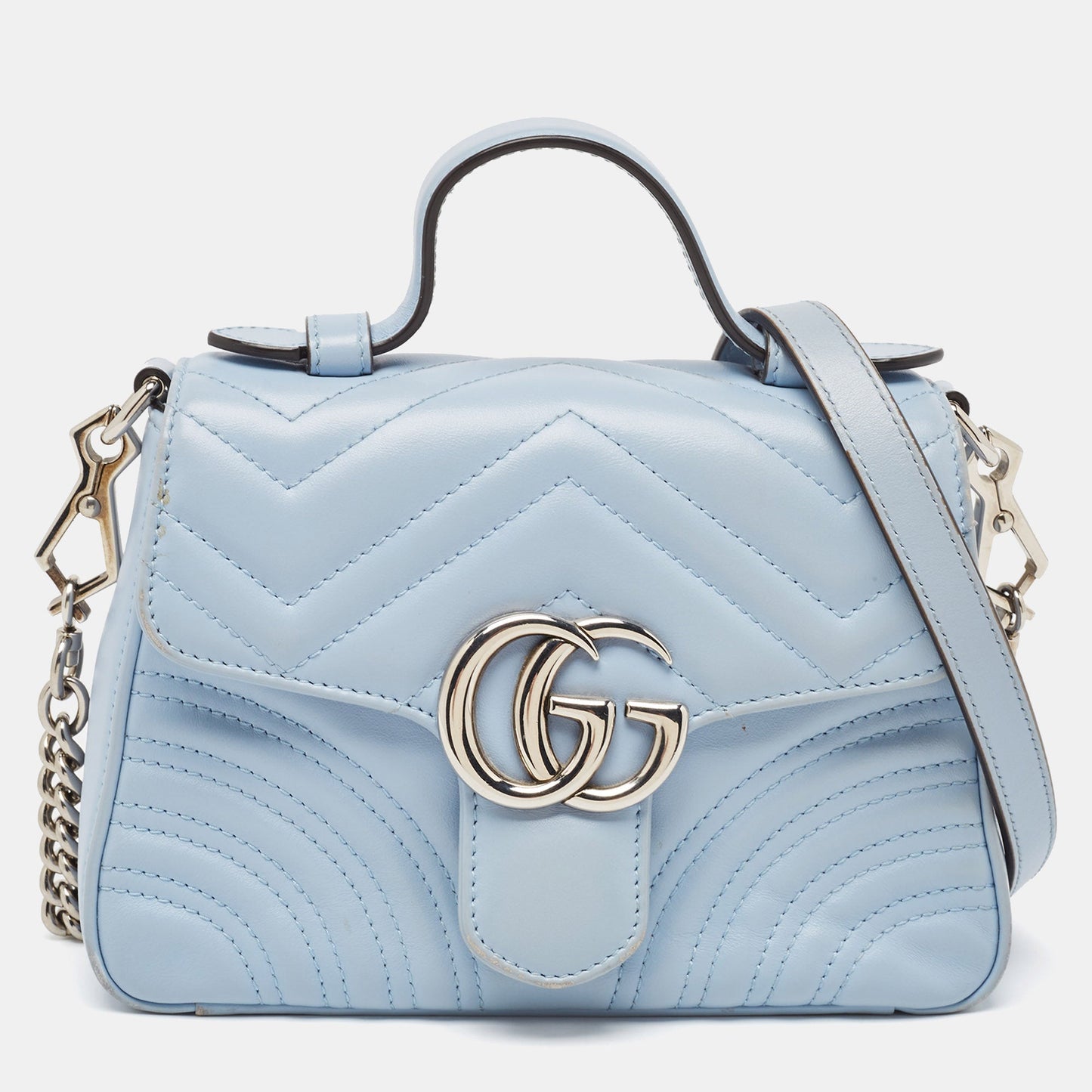 Luxury Gucci Trending 2025 Blue Matelass&eacute; Leather Mini GG Marmont Top Handle Bag
