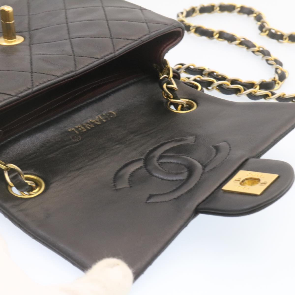CHANEL Lamb Skin Matelasse Chain Flap Shoulder Bag Black CC  25502A