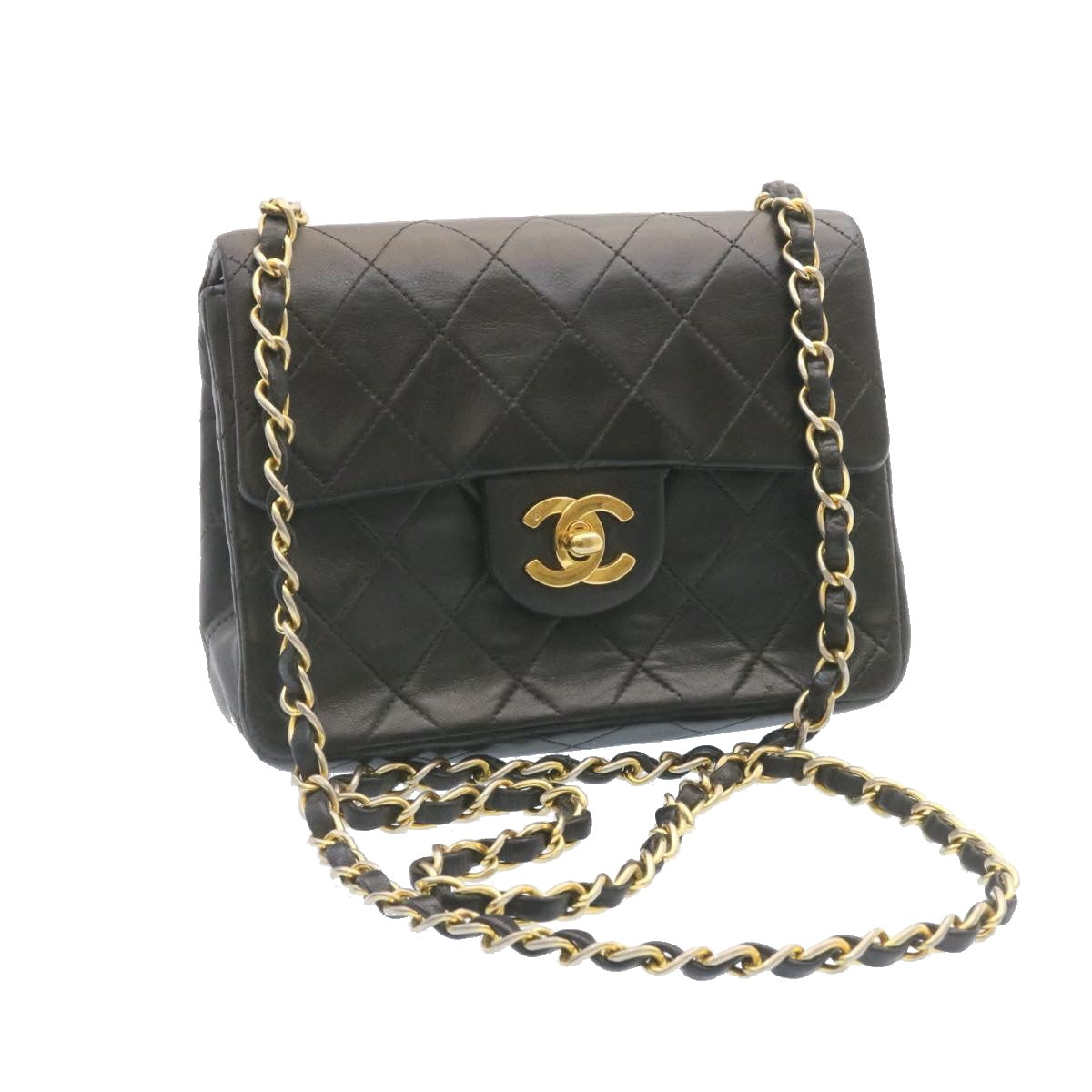 CHANEL Lamb Skin Matelasse Chain Flap Shoulder Bag Black CC  25502A