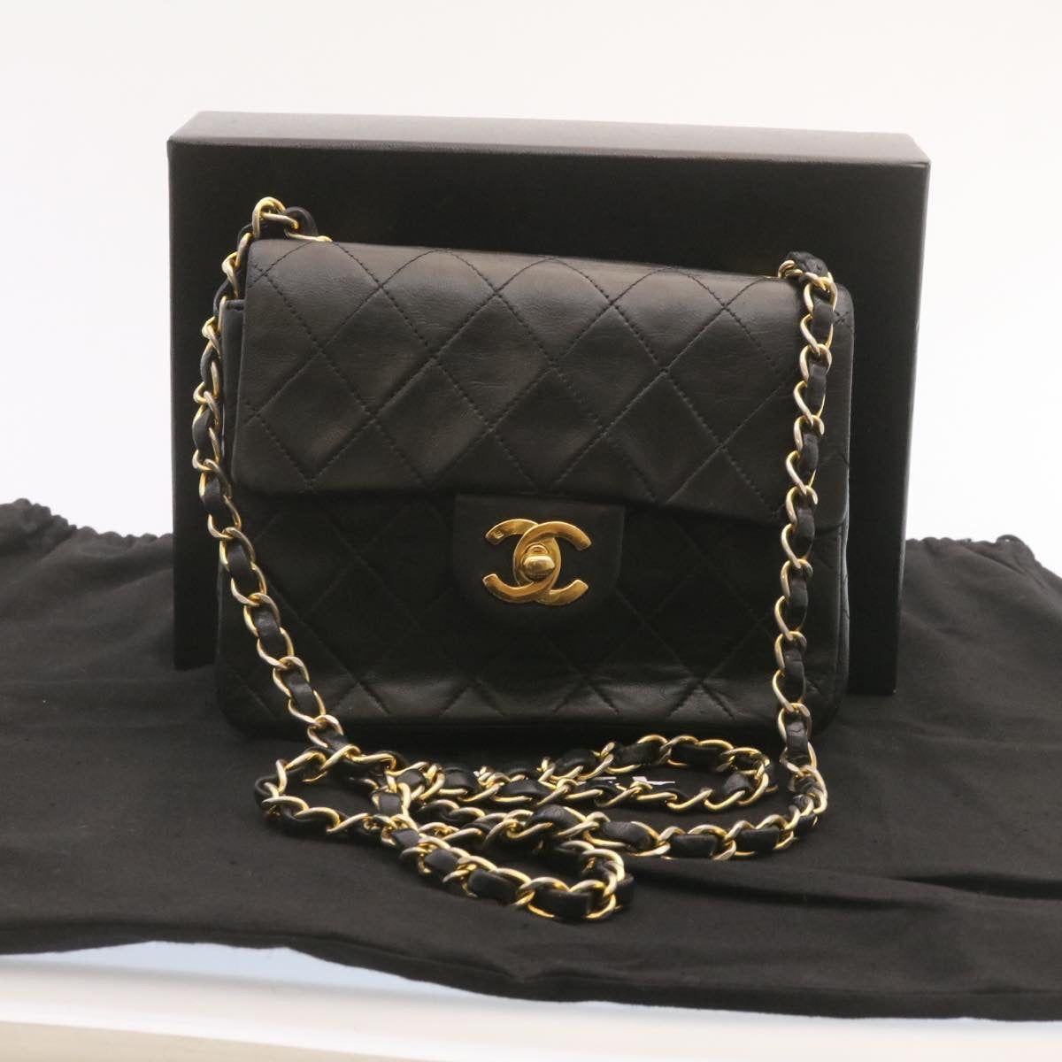 CHANEL Lamb Skin Matelasse Chain Flap Shoulder Bag Black CC  25502A