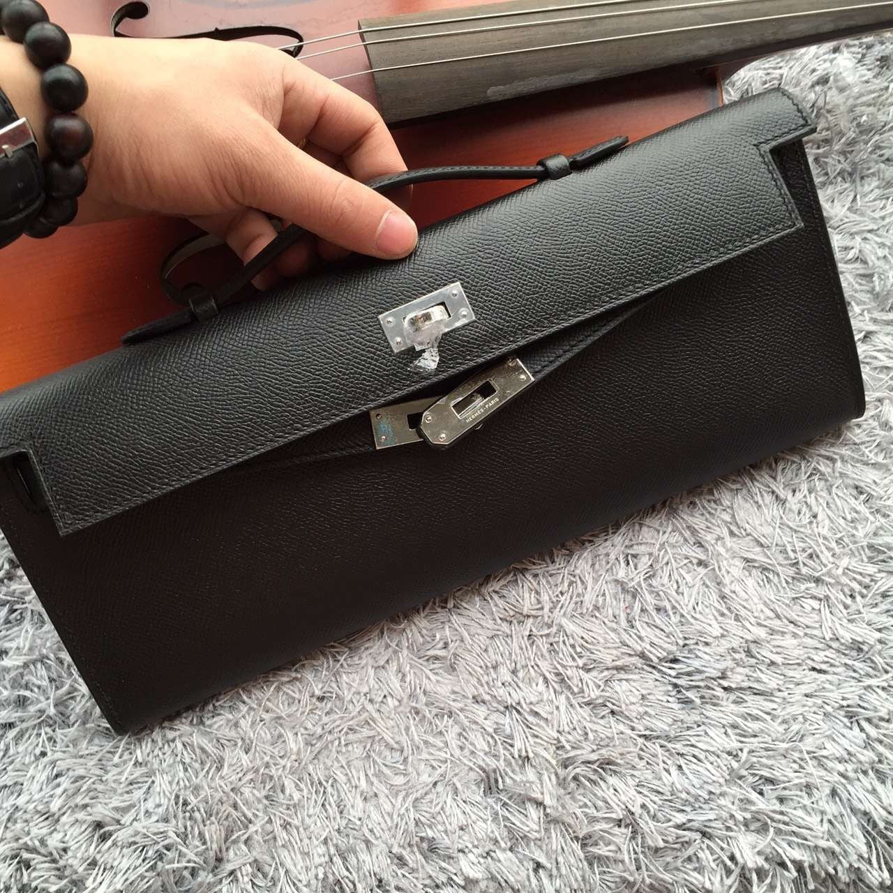 Luxury Hermes Black Handcrafted Kelly Cut Clutch