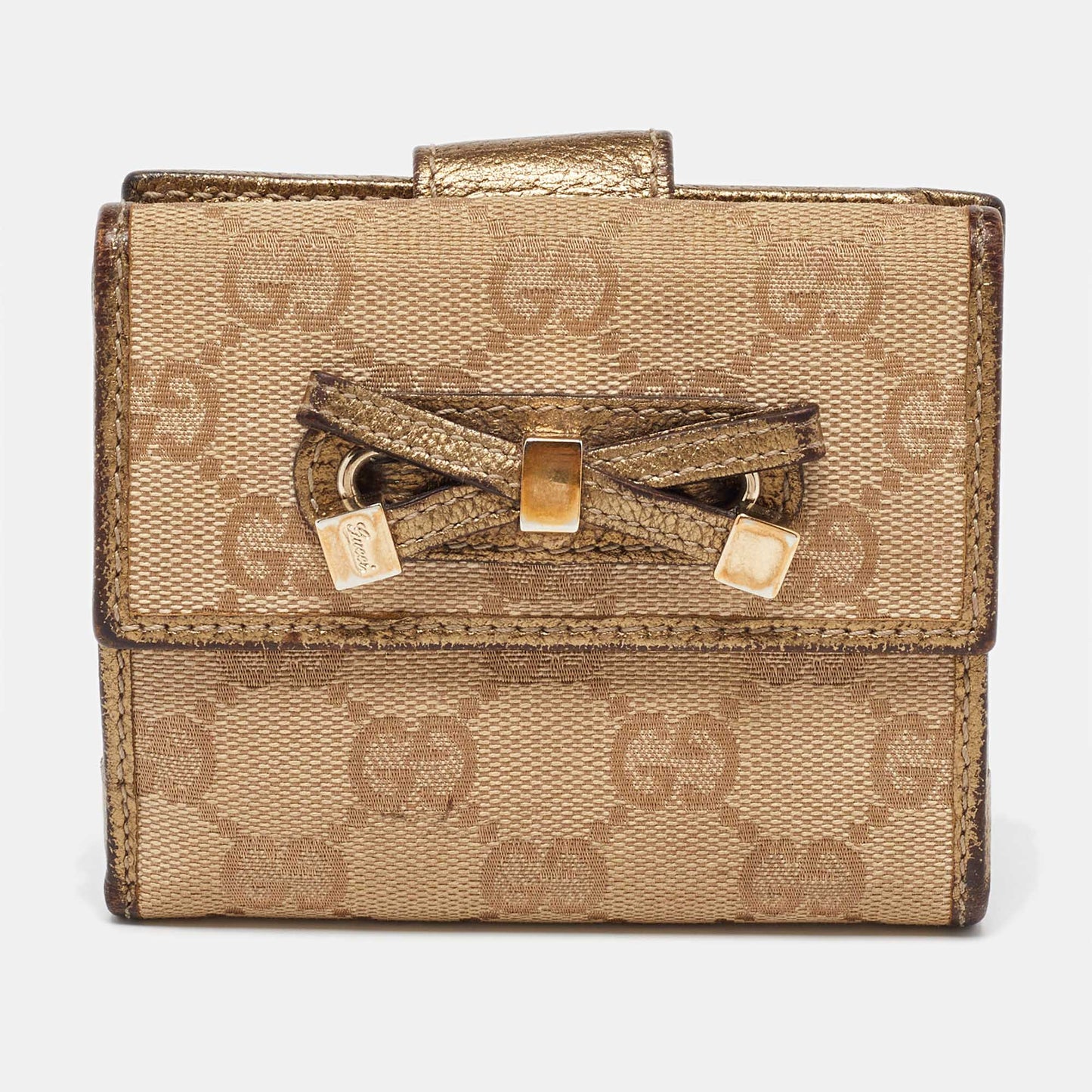 Luxury Gucci Trending 2025 Beige/Gold GG Canvas and Leather Compact Wallet