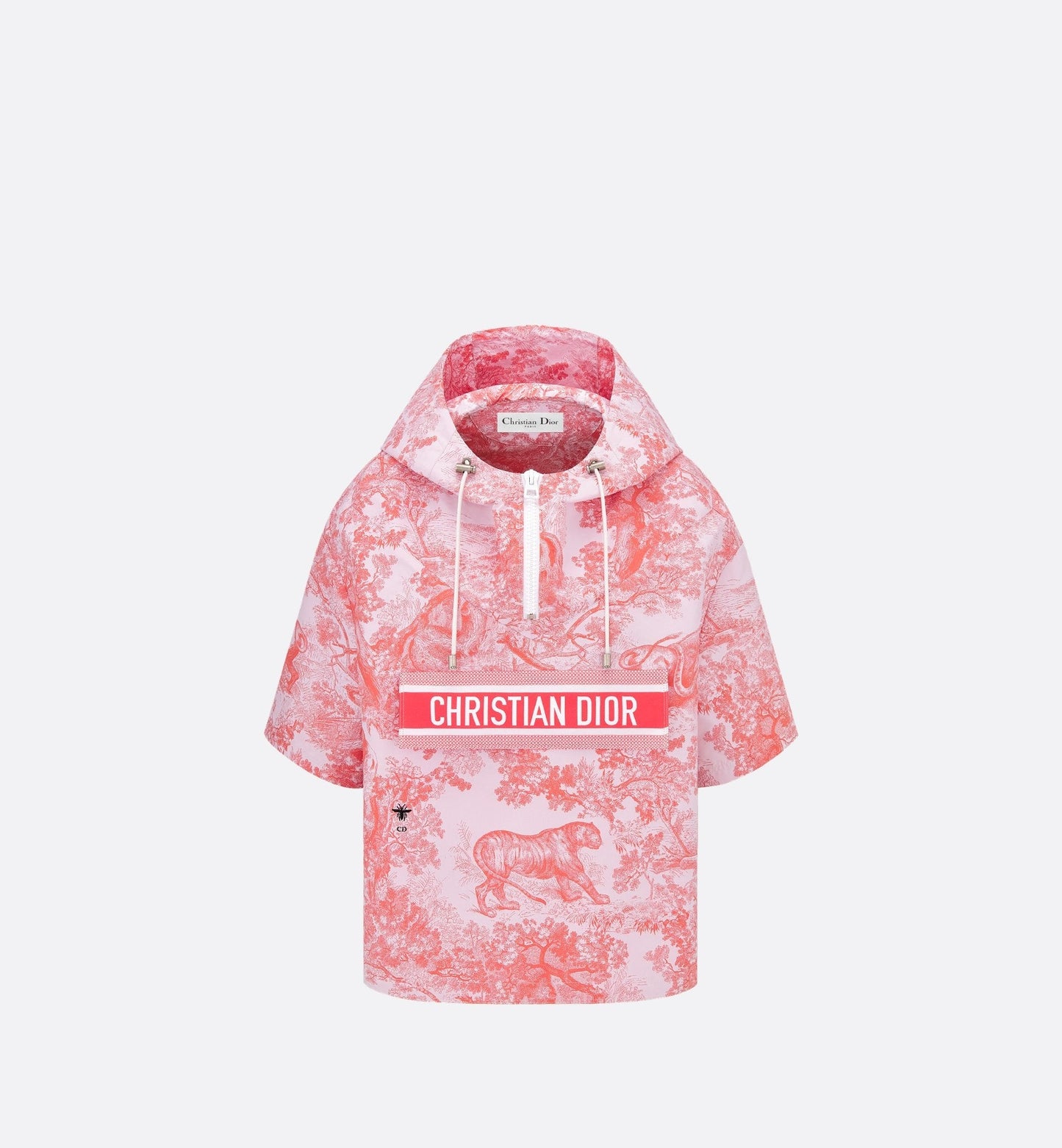 Luxury Dioriviera Short Sleeved Cropped Anorak With Hood White And Coral Technical Taffeta Jacquard With Toile De Jouy Sauvage Motif