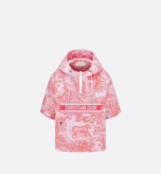 Luxury Dioriviera Short Sleeved Cropped Anorak With Hood White And Coral Technical Taffeta Jacquard With Toile De Jouy Sauvage Motif