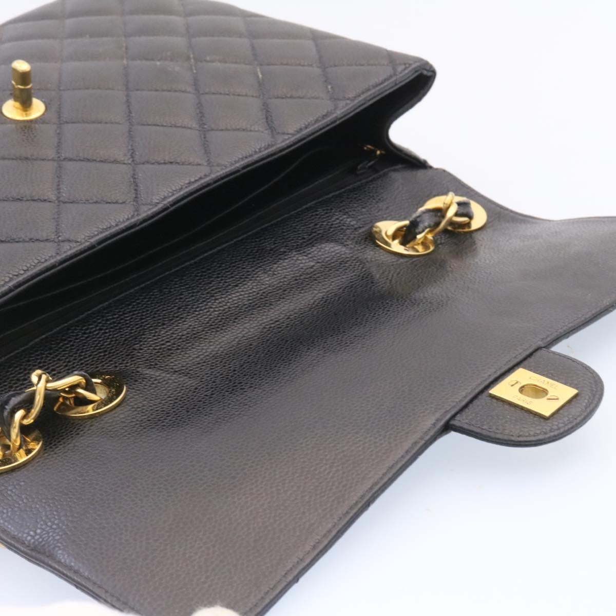 CHANEL Big Matelasse Flap Chain Shoulder Bag Caviar Skin Black Gold  25984A